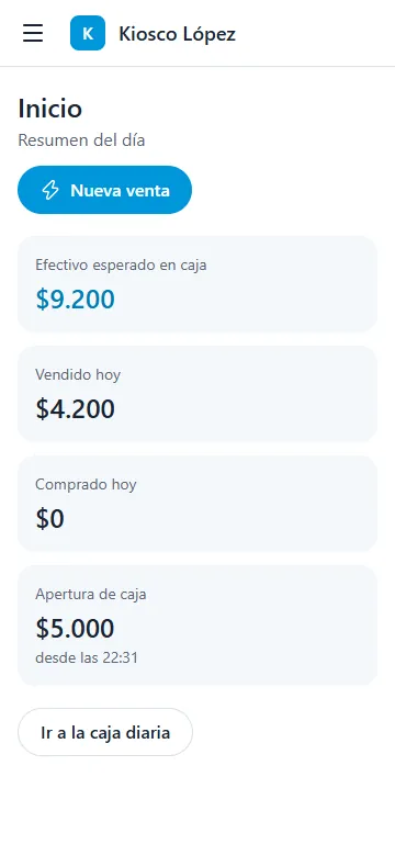 Inicio del panel en el celular: efectivo esperado en caja, vendido y comprado hoy