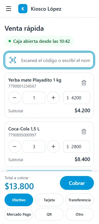 Pantalla de venta rápida en el celular: productos escaneados, total a cobrar y medios de pago
